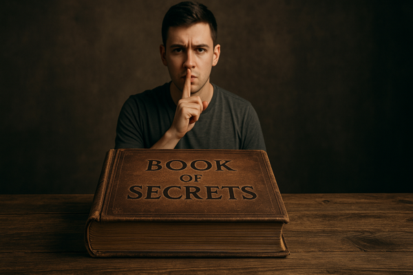 Man standing behind a large book with the title "Book of Secrets"