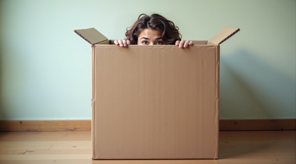 woman inside of a cardboard box peeking out