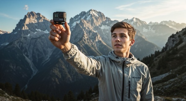 Young man taking photos with a mountainous background