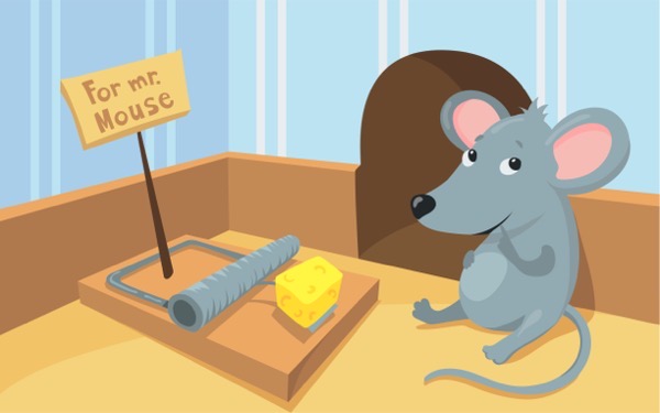 cartoon of a mouse looking a cheese in a mousetrap