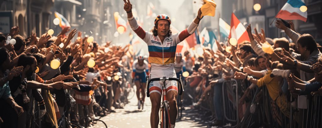 Man on bicycle winning a race, arms raised in victory