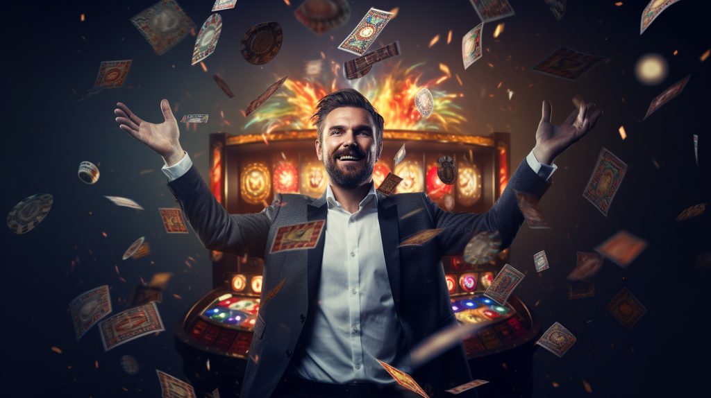 Money falling on a lucky businessman, slot machine in the background