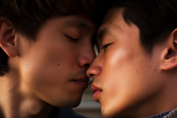 two young asian men about to kiss