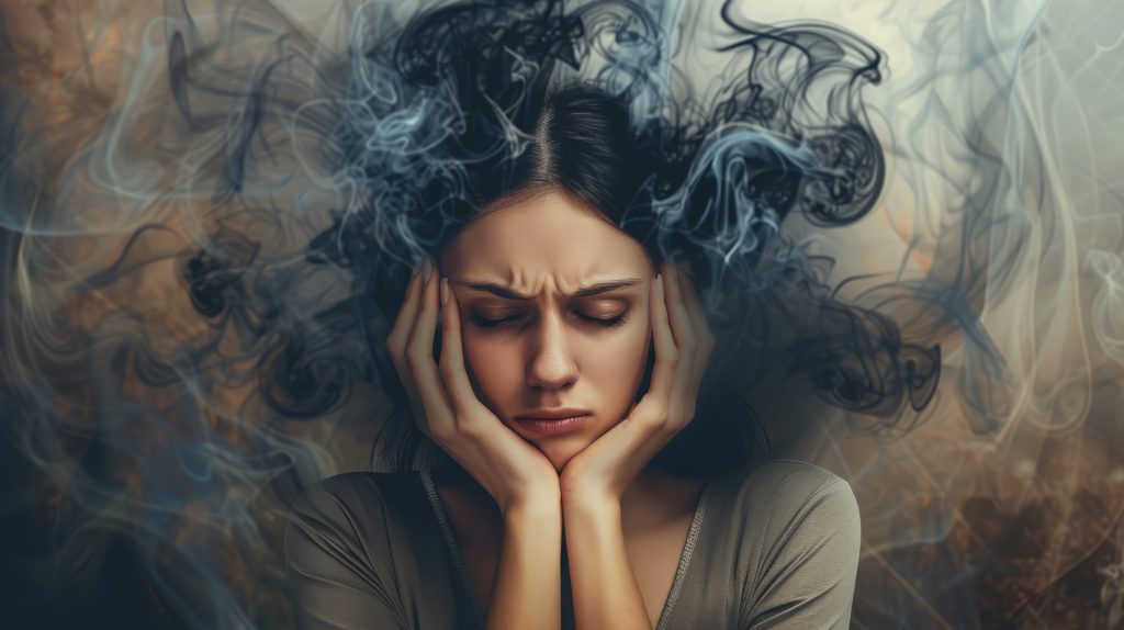 Young woman with negative thoughts swirling around in her head