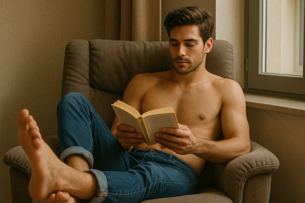 young man reading in a chair