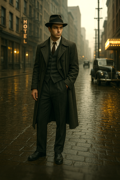 noir detective standing in the street 1930s