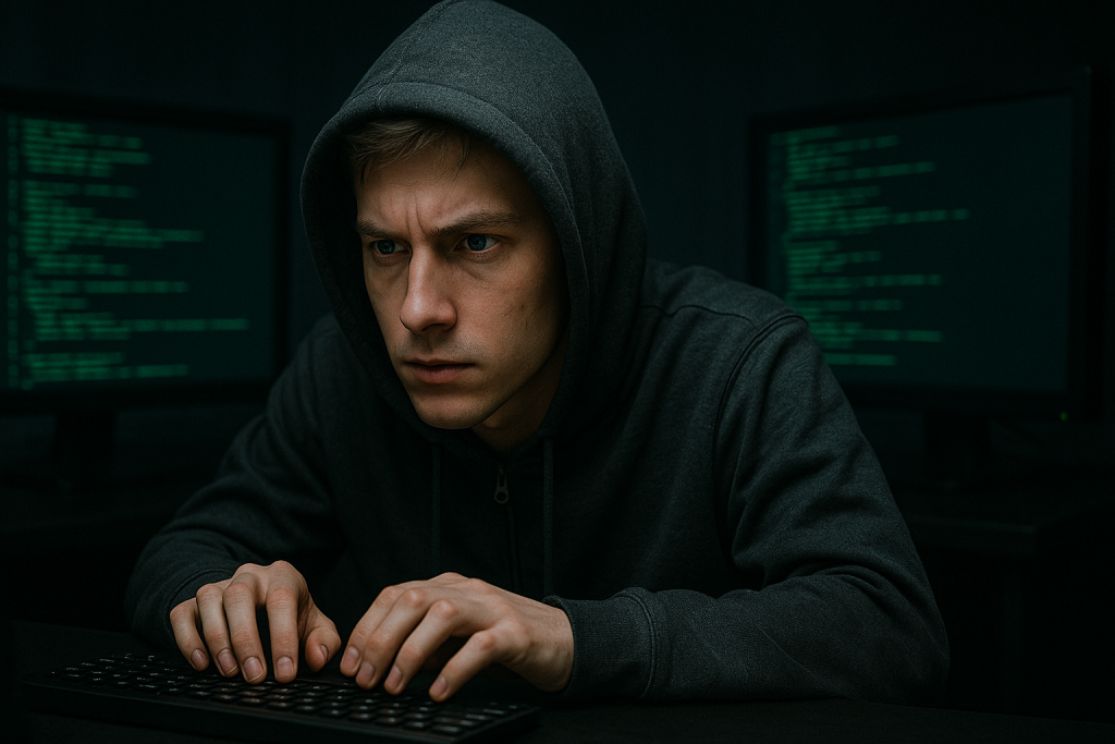 Caucasian male hacker wearing green hoodie typing on a keyboard
