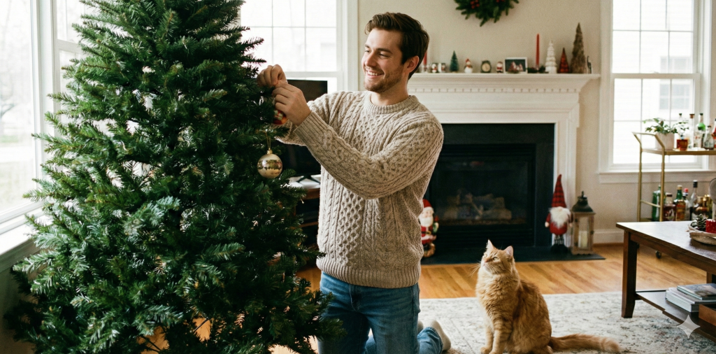 Man decorating his Christmas tree while his cat watches.
