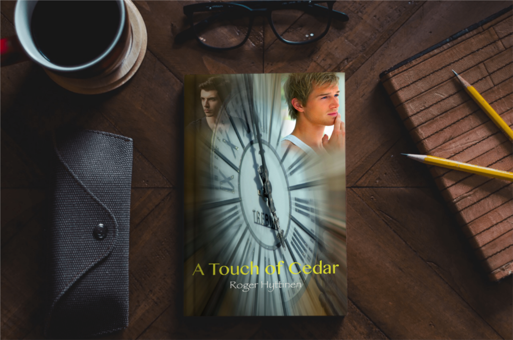 A touch of cedar cover image, two young men with a turning clock in the center