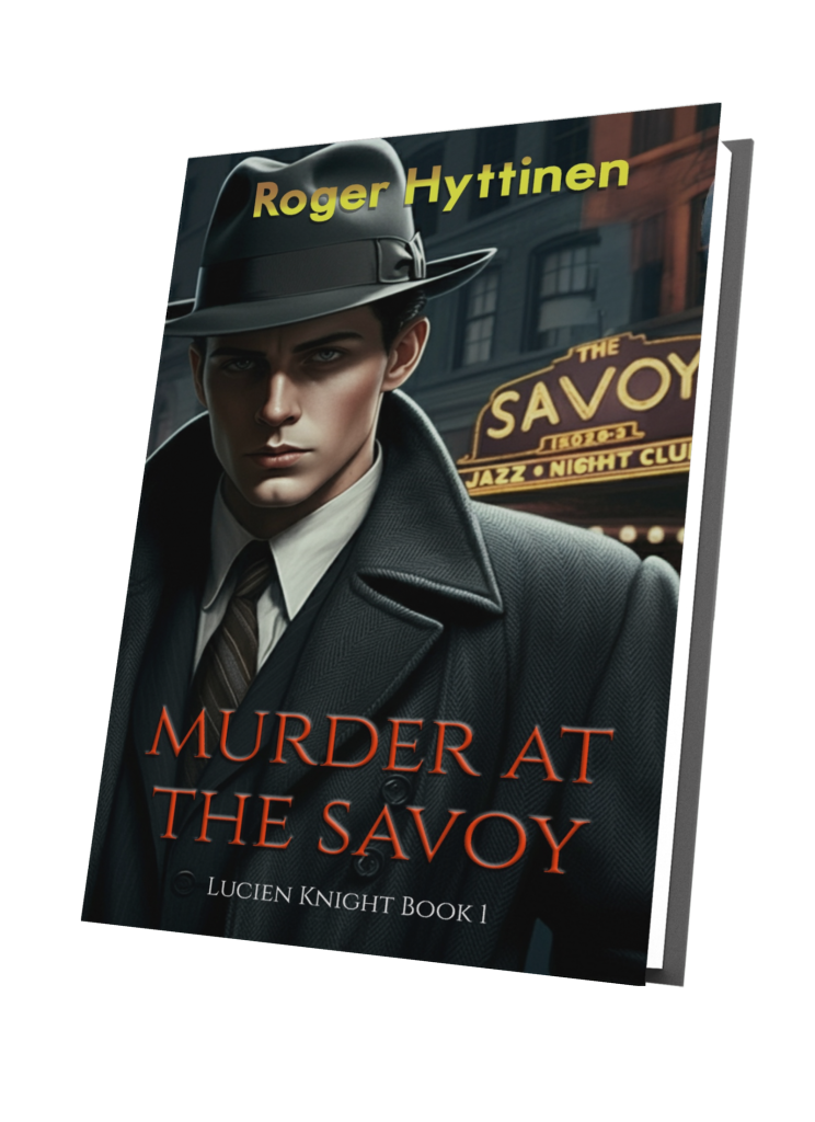 Murder at the Savoy book cover image - man in fedora in front of the Savoy night club