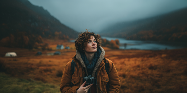 Young man holding camera with mountains in background