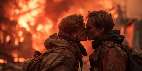  Two handsome young men kissing in the midst  of an apocalypse
