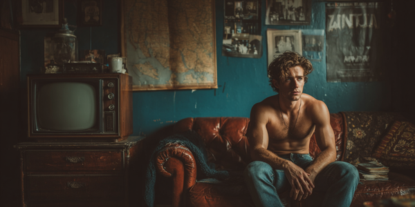 Young man sitting in Living Room, Television is off