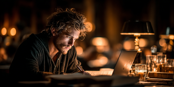 extremely handsome young man short hair writing at desk