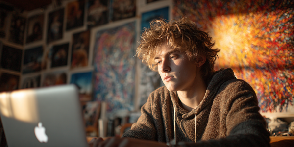  image of a chean shaven young man typing on his Macbook